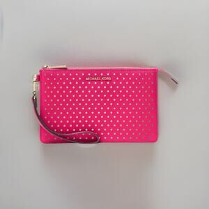 NWT Michael Kors Perforated Medium Gusset Leather Wristlet Ultra Pink w/GoldTone